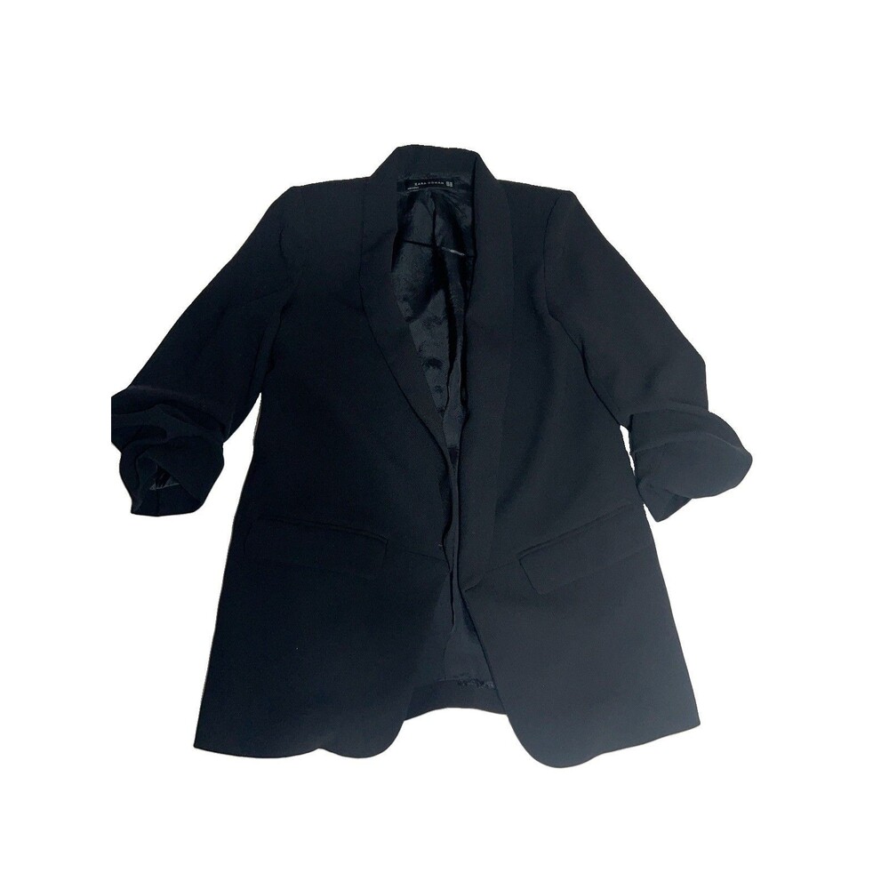 ZARA WOMAN Black Blazer Open Front Ruched Sleeve Jacket Year Round XS